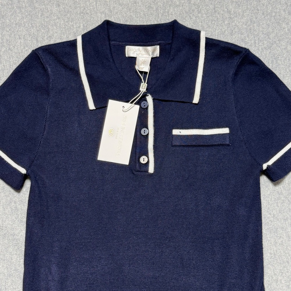 Caroline Constas Navy Blue Knit Polo Mini Dress White Trim Pleated Skirt Size M - Picture 12 of 12